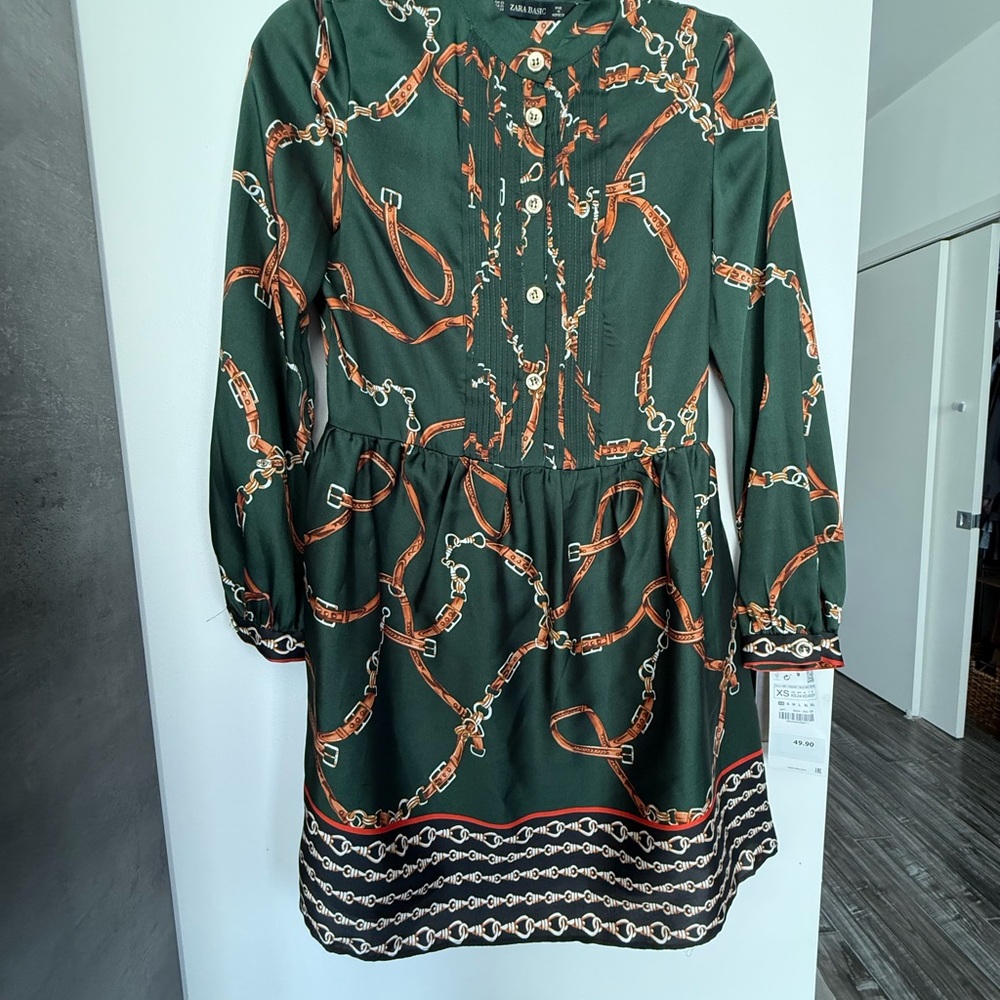 Zara Green Chain Pattern Long Sleeve Dress - Picture 7 of 7